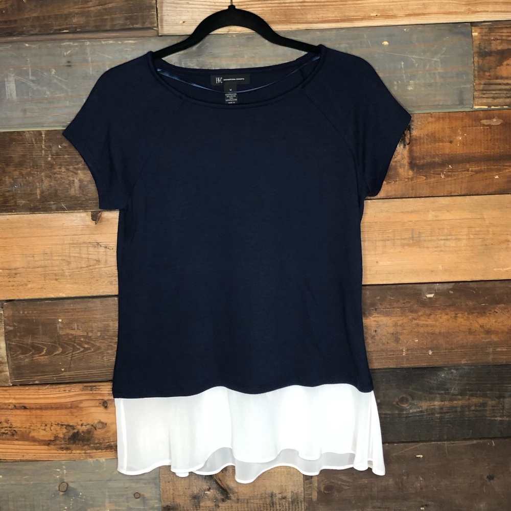 INC | Navy Short Sleeve Top with Sheer White Hem